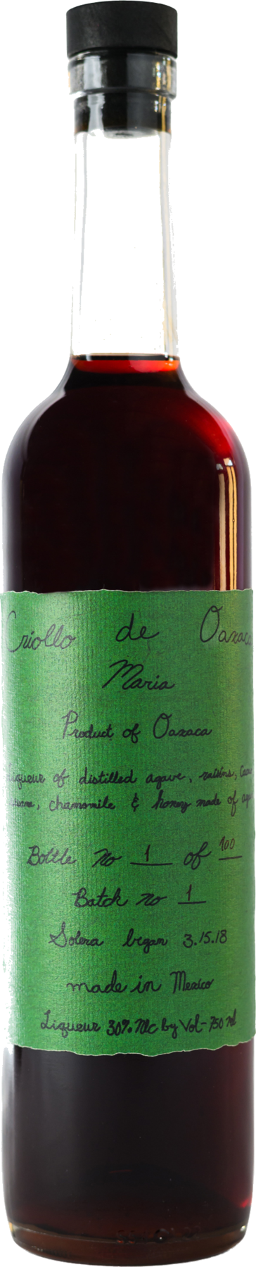The Maria bottle: dark red liqueur behind a hand-written green label.
